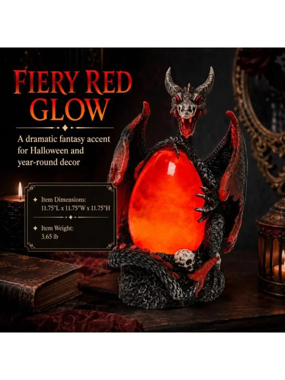 Illuminated Dragon Snow Globe with Rotating Mist, Skull Base & Timer - Unique